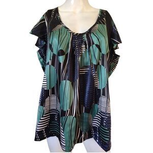 Apt. 9 Blouse Womens‎ XL Green Black Cap Sleeves Stretch Pullover Abstract Geo